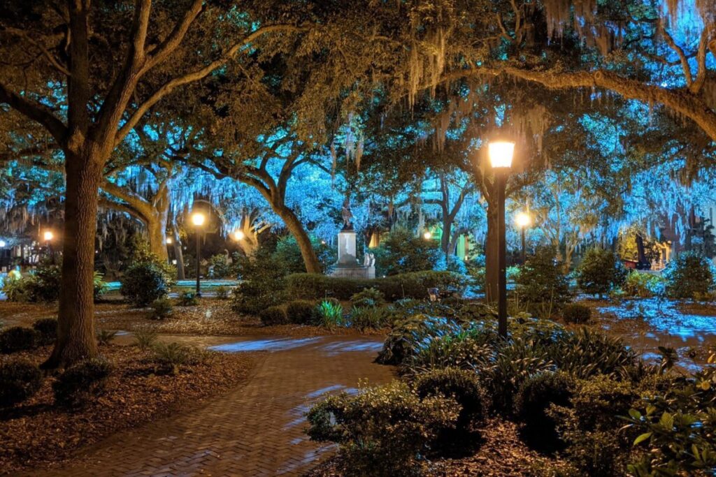 Historic Savannah square at night with Spanish moss and lantern lighting